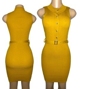 Size S Bodycom Elegant Women Yellow Dress with Belt Sleveless high neck dress